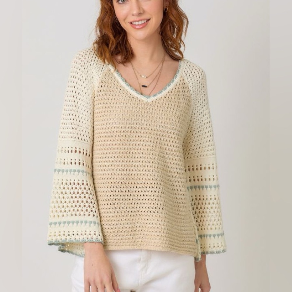 Mystree Cream Crochet V-Neck Bell Sleeve Sweater with Light Blue Trim